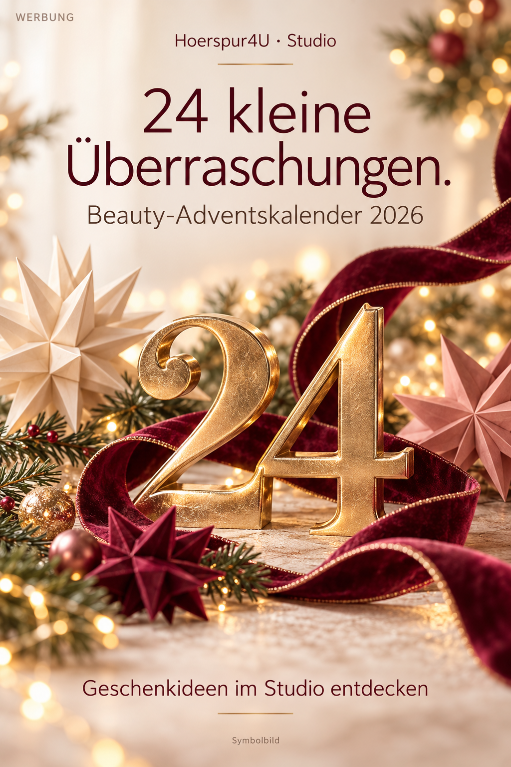 Weihnachtliches Symbolmotiv: goldene 24, Papiersterne und burgunderrote Schleife. Keine Abbildung des angebotenen Kalenders.